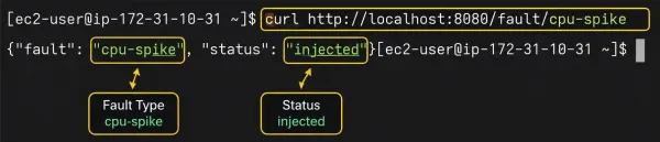 Injecting a CPU spike is confirmed by the endpoint's response.
