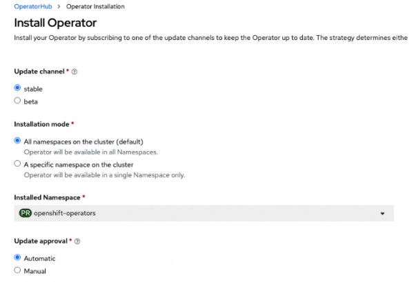 A screenshot of the Red Hat Operator Hub installation page.