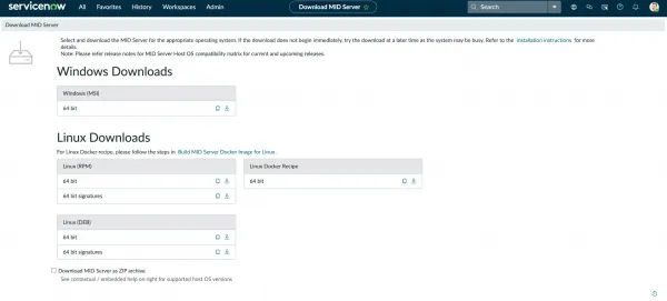 ServiceNow MID server download page showing the Linux Docker container recipe for the Australia release.