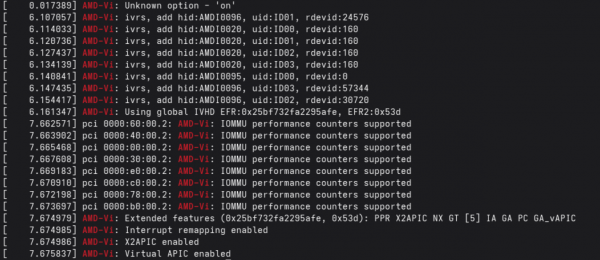 Kernel log excerpt showing AMD IOMMU initialized.