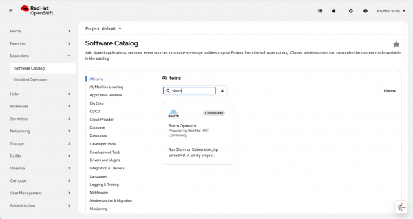 OpenShift OperatorHub page displaying Slurm Operator search result.