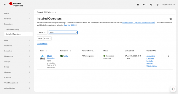 Pods view listing slurm-operator pod in Running state.