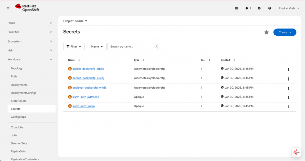 Secrets page displaying slurm authentication secrets in slurm namespace.