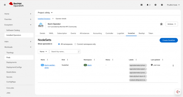 NodeSet resource displaying configured replicas and container image.