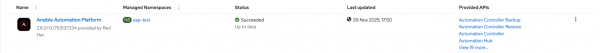 Ansible Automation Platform listed in the Installed Operators table with a Status of Succeeded.