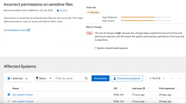 Screenshot showing the details page of a recommendation, including details about the configuration issue and two systems affected.