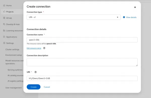 Configuring a data connection for model storage.