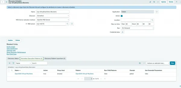 ServiceNow Discovery Schedule for OpenShift virtual machines bound to the in-cluster MID Server with launcher attributes.