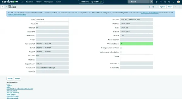 ServiceNow MID server record detail view with the Validate action for the in-cluster OpenShift MID server.