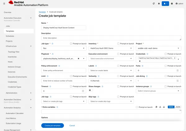 Job template creation form in the Red&nbsp;Hat&nbsp;Ansible Automation Platform web UI.