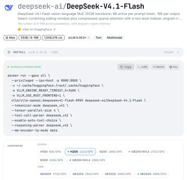 The vLLM recipes page gives us a ready-to-run docker command, plus hardware options for both NVIDIA and AMD GPUs.