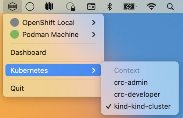 Viewing available Kubernetes contexts in Podman Desktop via the tray icon.