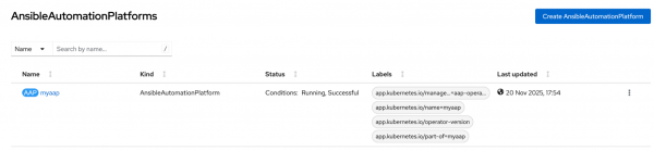 AnsibleAutomationPlatforms list showing the myaap instance with status Conditions: Running, Successful.