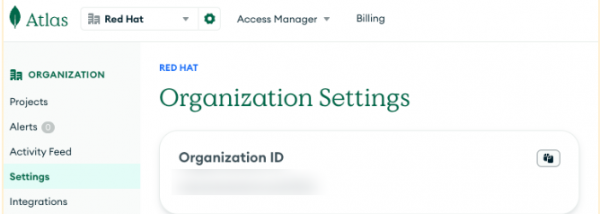 A screenshot of Atlas organization settings page.
