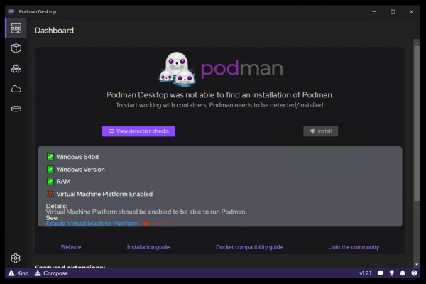 Podman Desktop Enabling VM Platform