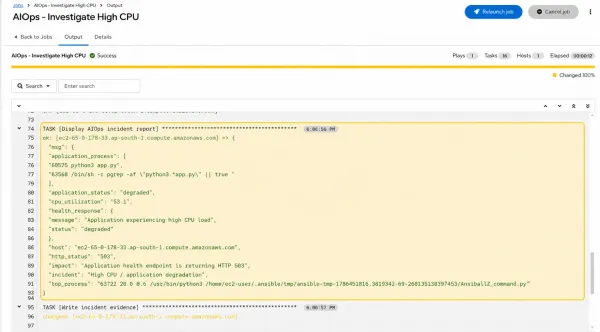 The Ansible investigation playbook collects evidence from the RHEL host.