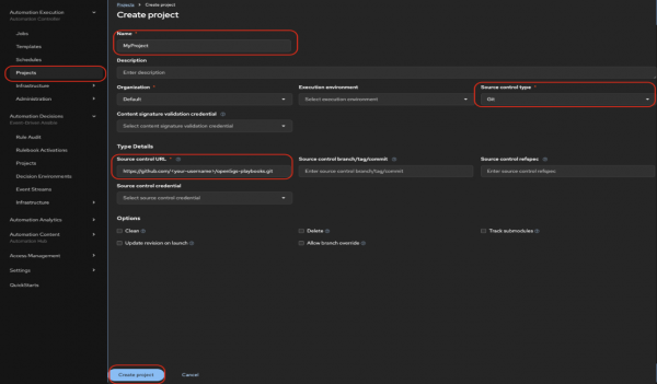 The “Create project” UI shows the steps for creating a project in Ansible Automation Platform.