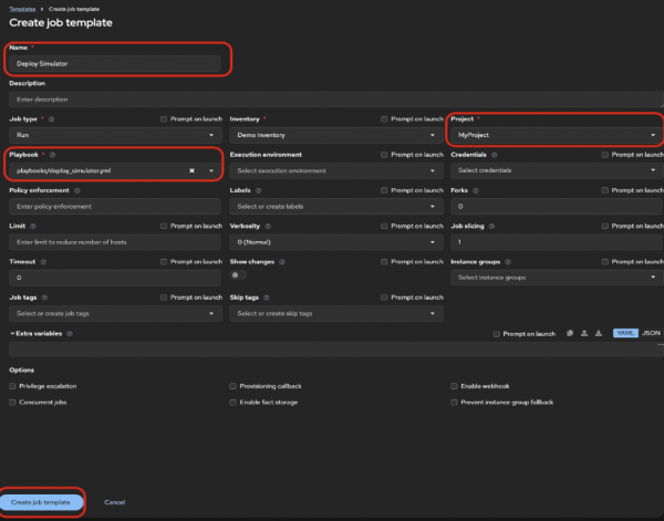 The “Create job template” UI shows the steps for creating a job template in Ansible Automation Platform.