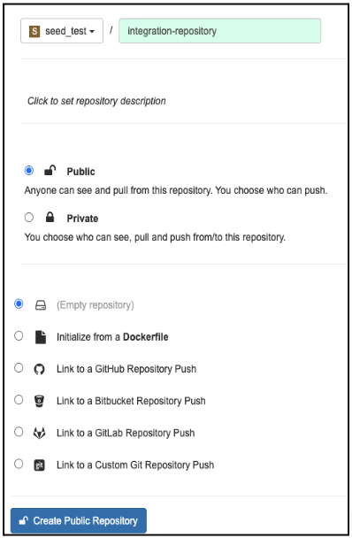 The Quay UI shows that the user has selected “Public” and “(Empty repository)” from the options.
