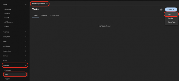 The OpenShift console showing how to create a new task in the Pipeline Tools menu.