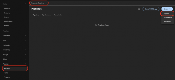 The OpenShift console showing how to create a new pipeline in the Pipelines menu.