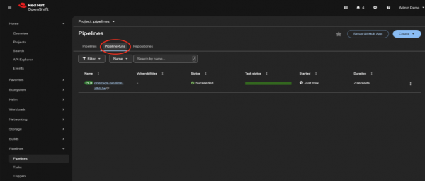 A flow diagram showing the steps for verifying the status of PipelineRuns in Red Hat OpenShift.