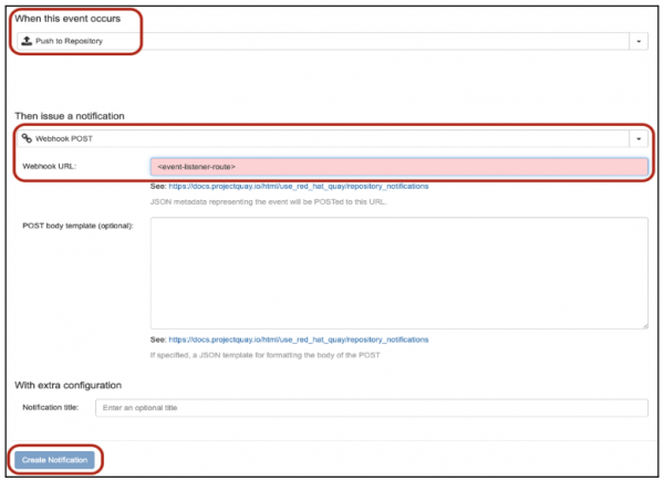 The trigger and action fields in the Quay UI are highlighted.