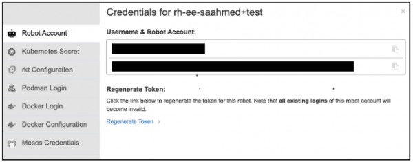 The Quay UI shows where to find the robot account’s username and password.