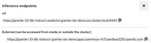 Internal and External URLs shown on the Inference endpoints details page in Red Hat OpenShift AI.