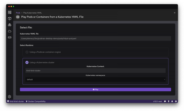 The Play Kubernetes YAML feature shown in the Podman Desktop UI.