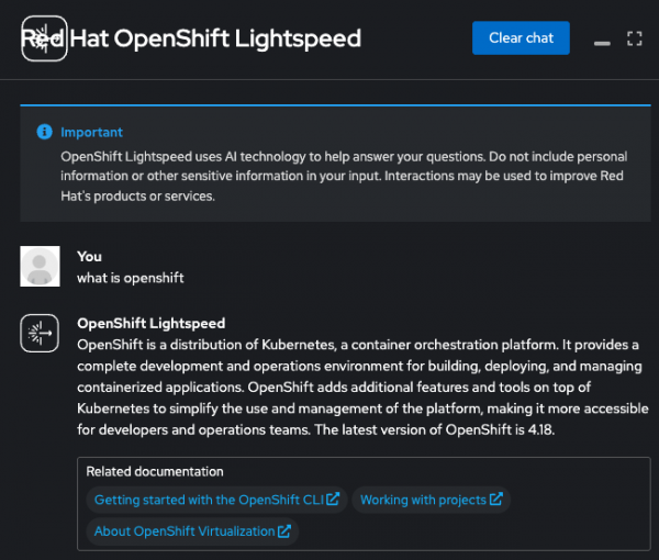An interaction between a user and the Red Hat OpenShift Lightspeed chatbot. The user asked "what is openshift" and OpenShift Lightspeed responded with a paragraph summary.