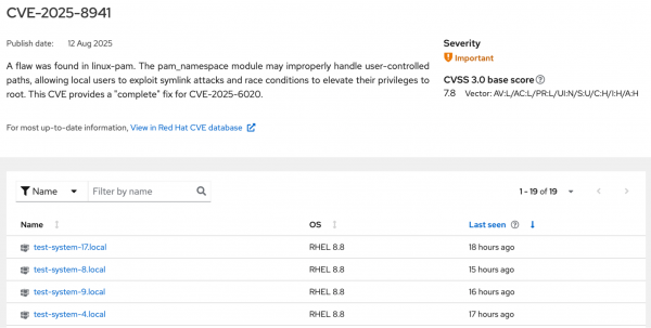 The CVE details page showing a threat analysis and four affected systems.