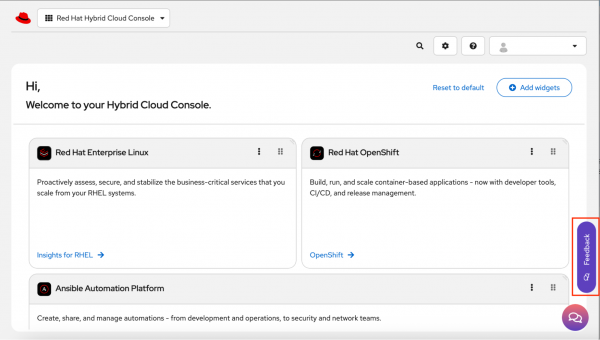 The Red Hat Hybrid Cloud Console home page with the Feedback button highlighted.