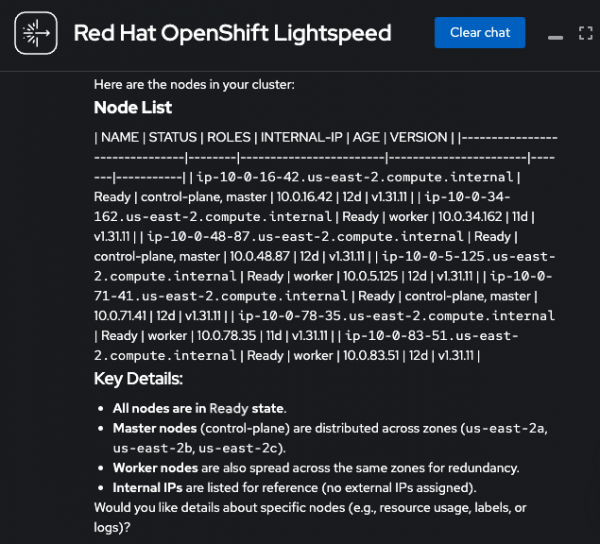 OpenShift Lightspeed provides an overview of the nodes in a user's cluster, including a list of key details such as "All nodes are in a Ready state." It then asks if the user would like details about specific nodes.