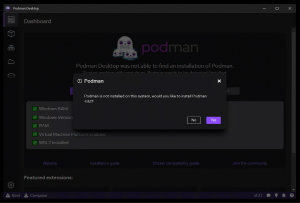 Podman Desktop Installing Podman Prompt