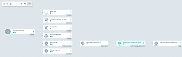 Argo CD topology graph showing the successful deployment of the hospital-janine-app and its associated secrets, services, and peer-pods.