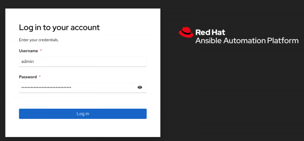 Ansible Automation Platform login screen with admin entered in the Username field.