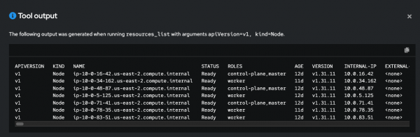Tool output shows details for nodes in an OpenShift cluster, with columns for APIVERSION, KIND, NAME, STATUS, ROLES, AGE, VERSION, INTERNAL-IP, and EXTERNAL-IP.