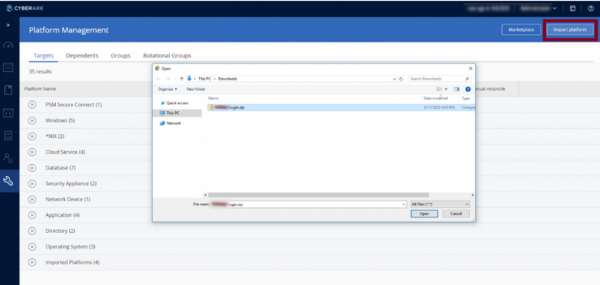 The Platform Management screen shows where you will import the plug-in.