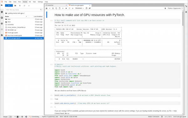 Figure 6:  The torch-use-gpu.ipynb jupyter notebook displays Python code with comments.