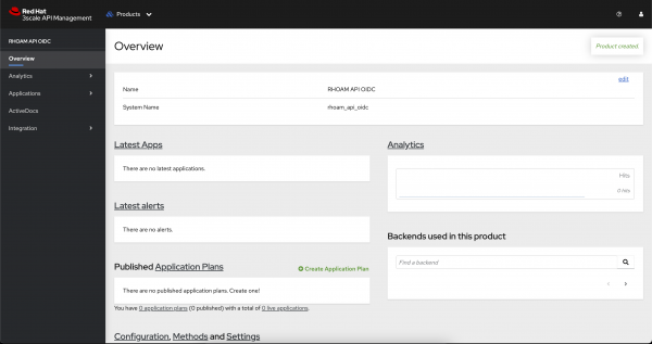 The overview page of the newly created product lists its details.
