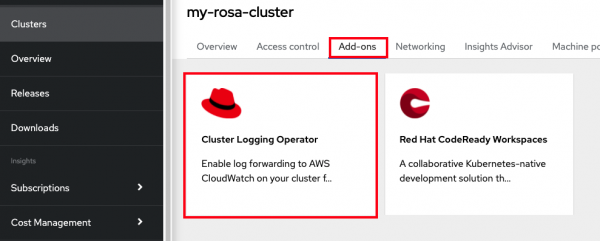 Cluster Logging Operator button available in OpenShift console user interface for your rosa cluster.png