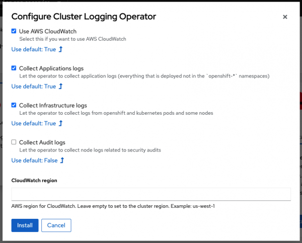 Screenshot of configuration options available in CloudWatch for the types of logs that can be gathered on your cluster.