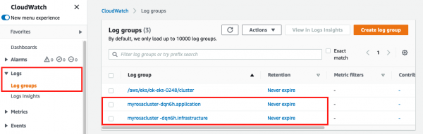 The CloudWatch user interface highlights the Log Groups page with the mentioned groups available to select.