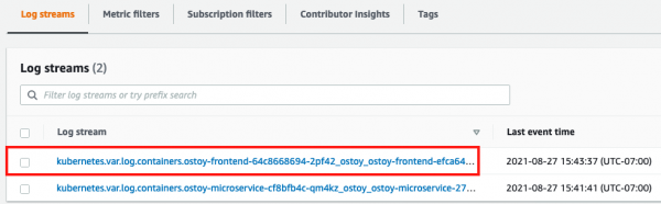 Screenshot of CloudWatch user interface highlighting the Log Groups page with the mentioned groups available to select.