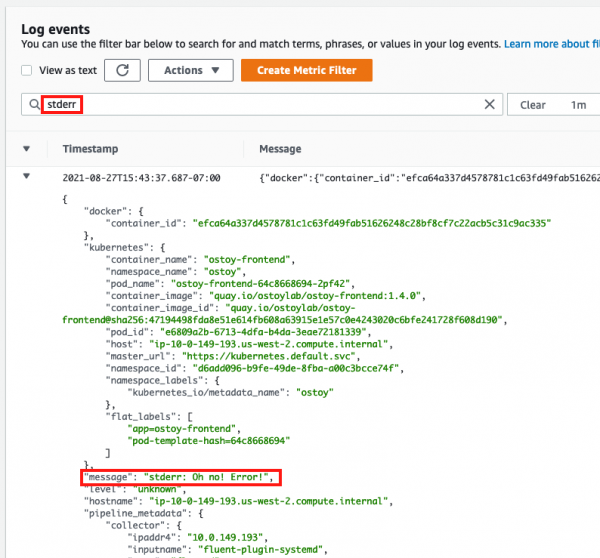 CloudWatch UI screenshot showing the Log Events page searching specifically for the 'stderr' message.