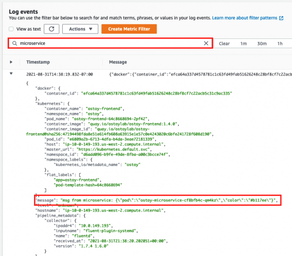 CloudWatch UI screenshot showing the Log Events page searching specifically for 'microservice' message