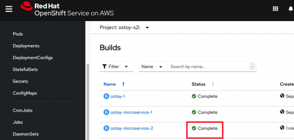 OpenShift console displaying Complete statuses for the deployment builds page.  View change in browser.