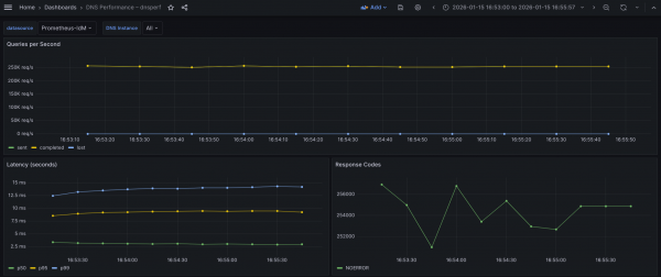 DNS tests with TCP displayed in Grafana.