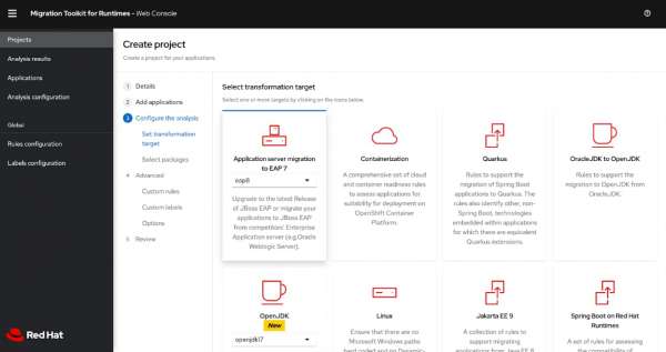 Migration Toolkit select target page.